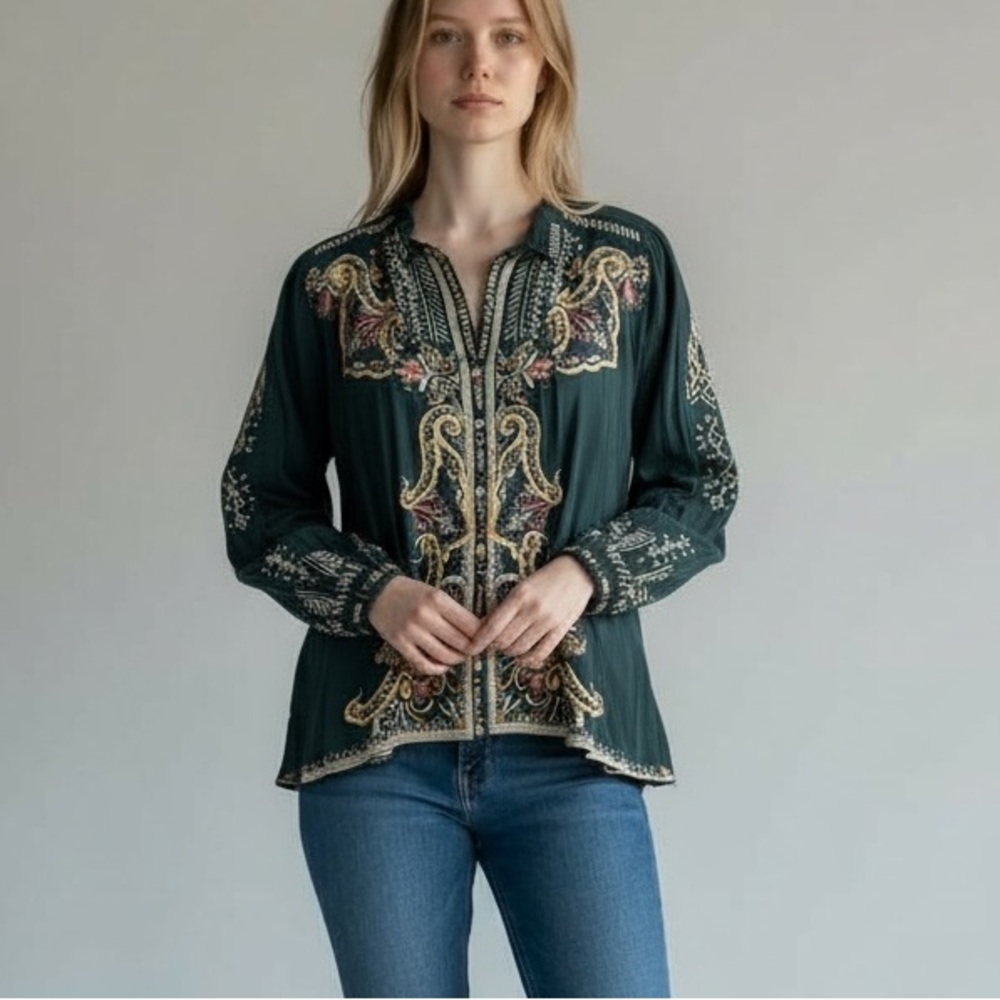 Johnny Was Embroidered Biya Tandit Blouse Top In Darkest Spruce Green Women L